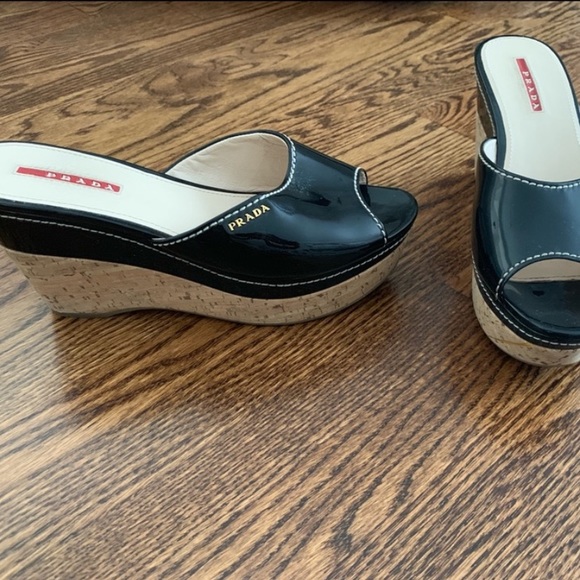 PRADA Black Patent Leather Wedge Slides - Picture 3 of 5
